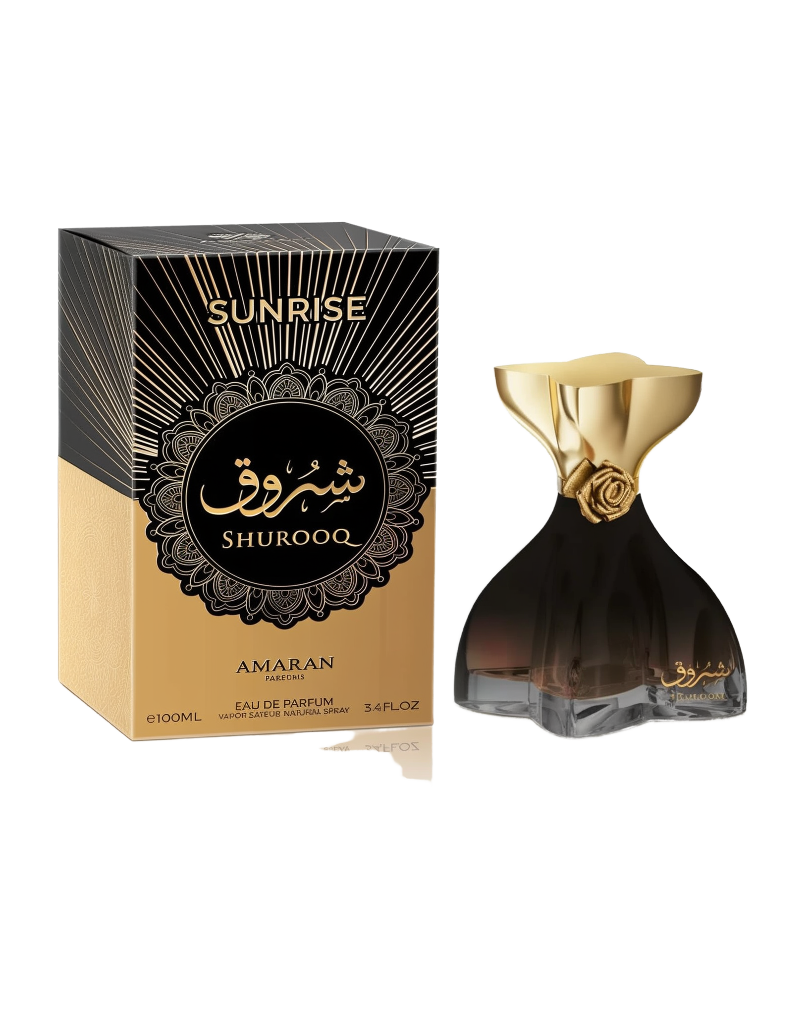 A dark-toned, sculpted perfume bottle with a gold bow-like cap featuring a rose detail, labeled “Sunrise Shurooq” by Amaran, shown beside a matching black and gold box indicating 100ml Eau De Parfum.