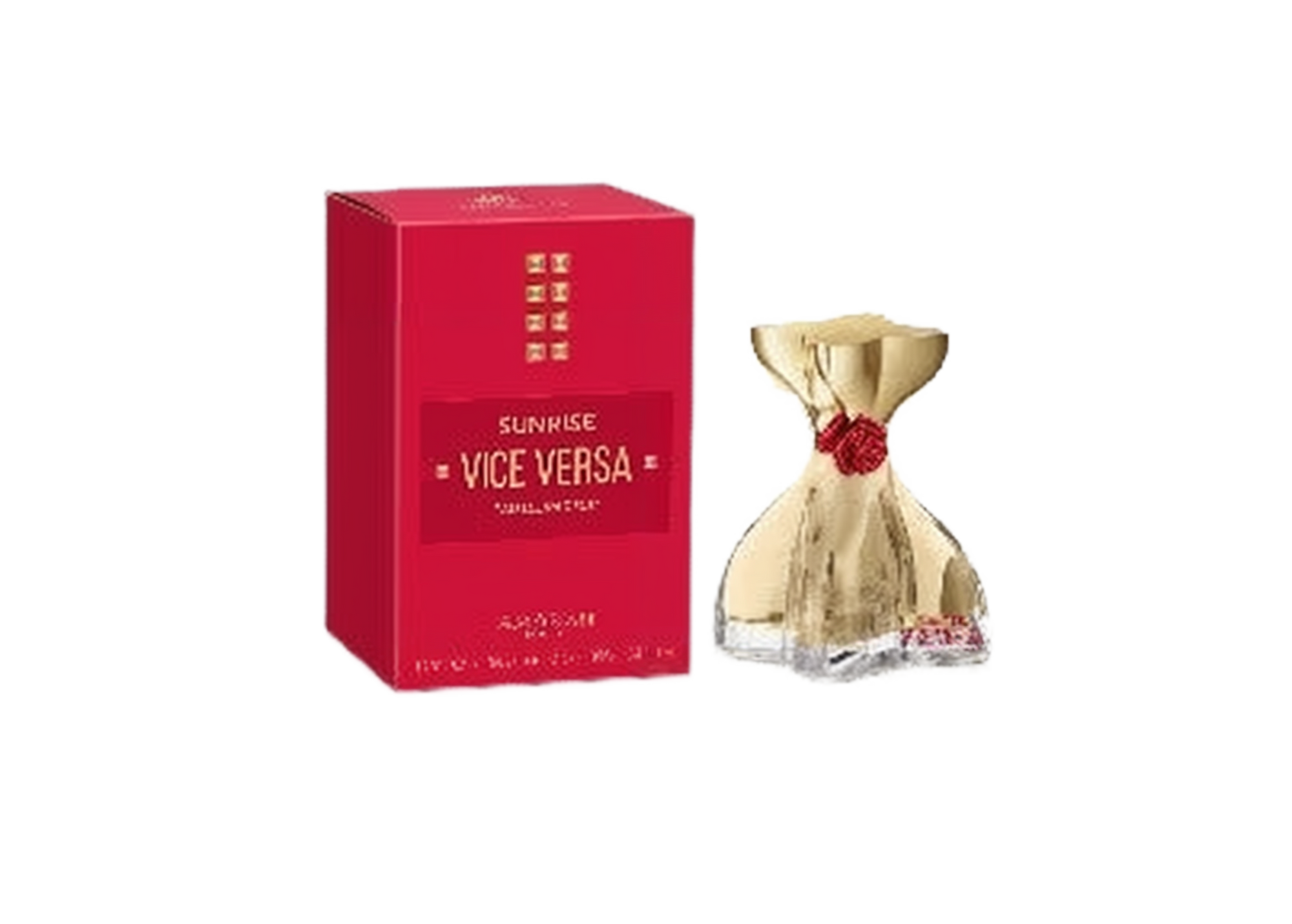 Sunrise Vice Versa by Amaran perfume set, featuring a red and gold rectangular box with gold accents.