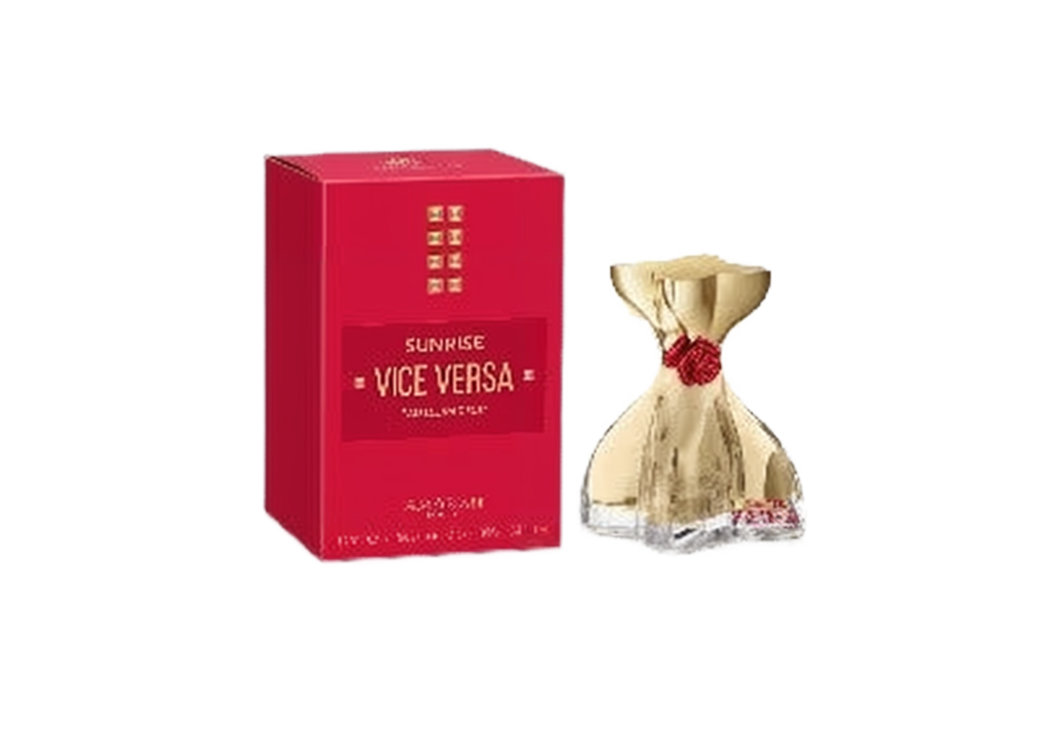 Sunrise Vice Versa by Amaran perfume set, featuring a red and gold rectangular box with gold accents.