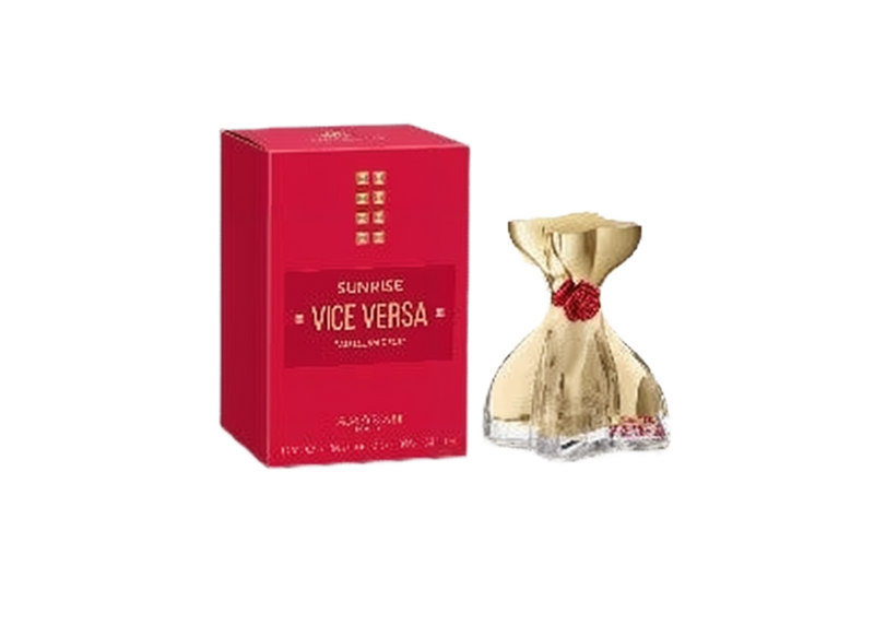 Sunrise Vice Versa by Amaran perfume set, featuring a red and gold rectangular box with gold accents.