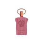 The image shows a pink perfume bottle with a metallic gold cap and a ring-shaped detail on top. The front of the bottle displays embossed text and a decorative emblem featuring the initials 'AP' in a stylized design, surrounded by a wreath-like motif. Below the emblem, the words "SUPREMACY GALA AFNAN" are printed in a simple, elegant font. The bottle has a smooth, matte finish, and there are small, pink gemstone-like embellishments around the neck.
