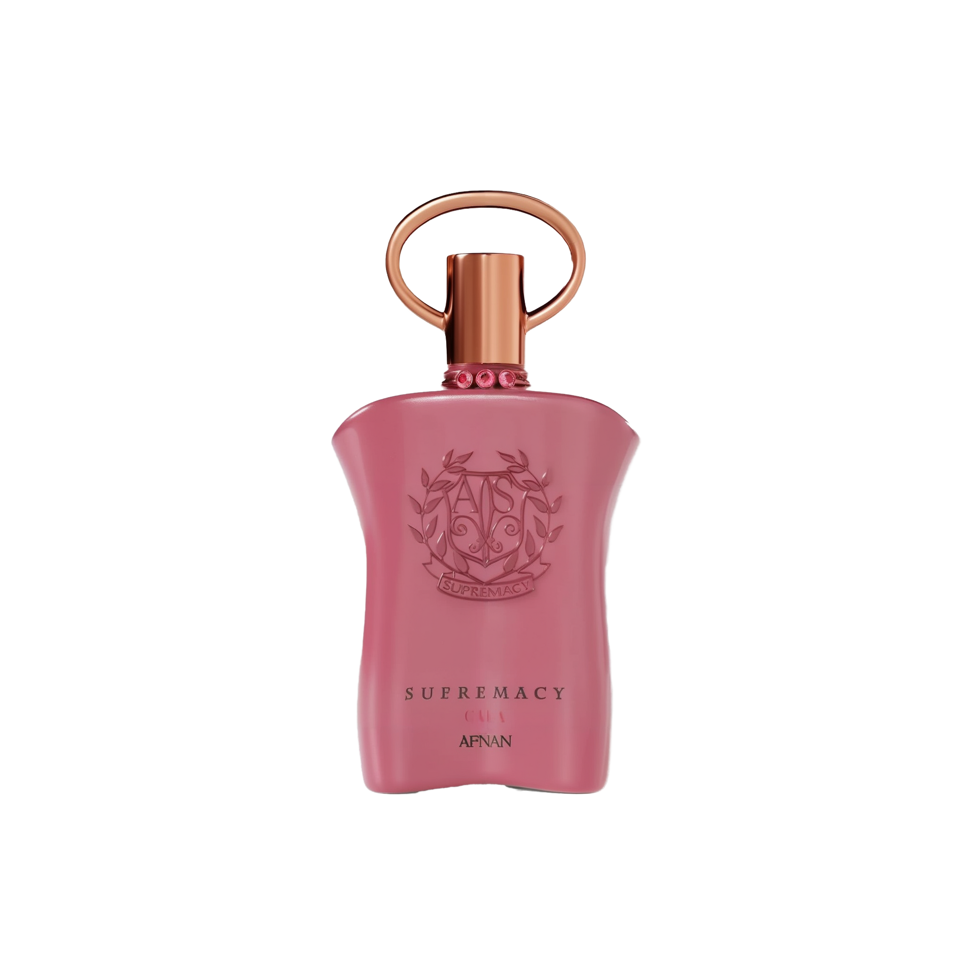 The image shows a pink perfume bottle with a metallic gold cap and a ring-shaped detail on top. The front of the bottle displays embossed text and a decorative emblem featuring the initials 'AP' in a stylized design, surrounded by a wreath-like motif. Below the emblem, the words "SUPREMACY GALA AFNAN" are printed in a simple, elegant font. The bottle has a smooth, matte finish, and there are small, pink gemstone-like embellishments around the neck.