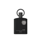 The image shows a sleek, black perfume bottle with a modern design. The bottle has a cylindrical shape with a matte finish and features a metallic emblem in the center. Below the emblem, the text "NOIR SUPREMACY AFNAN" is printed in white, elegant font. The cap of the bottle is integrated into the design, creating a seamless look with a ring-shaped structure at the top. The overall aesthetic is luxurious and contemporary.