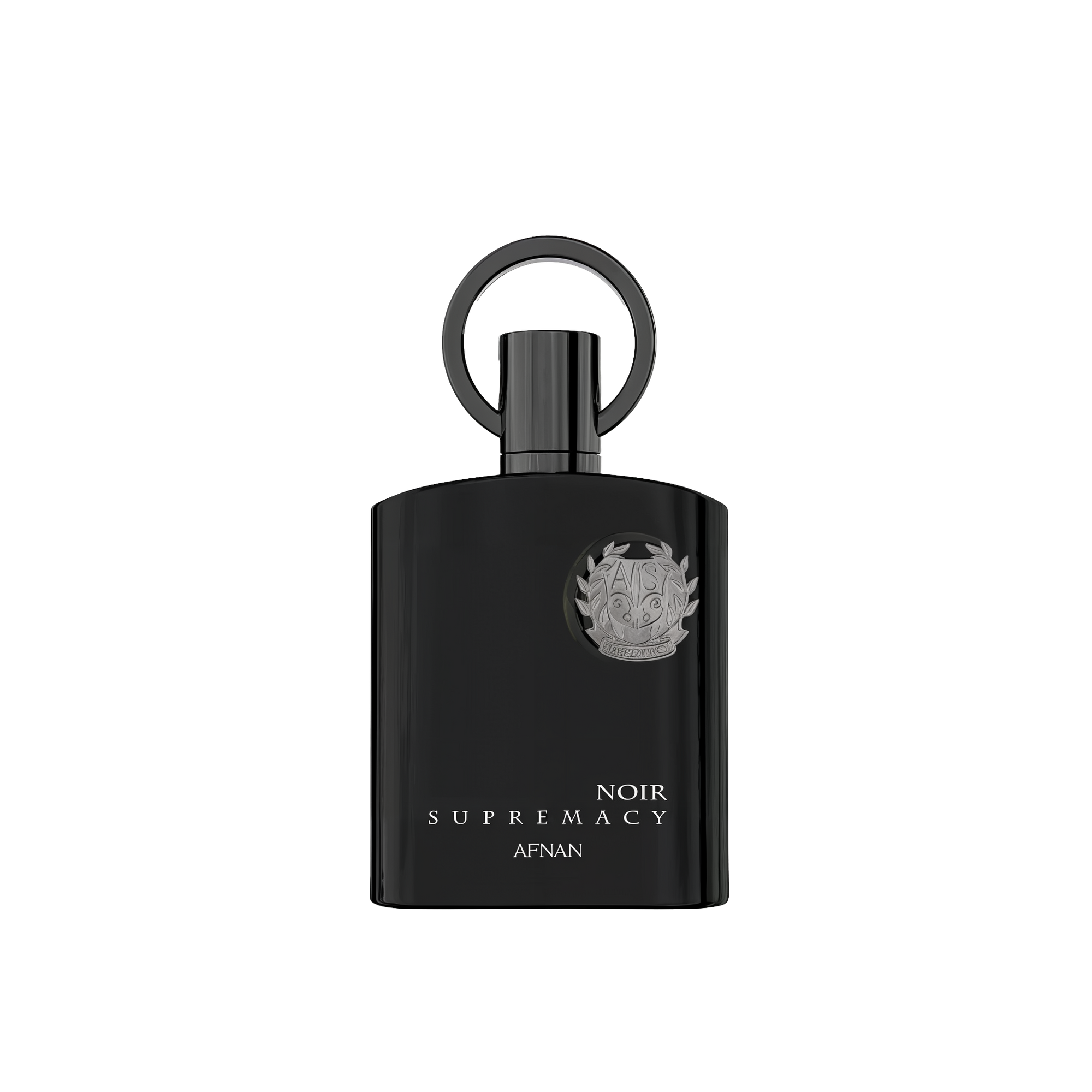 The image shows a sleek, black perfume bottle with a modern design. The bottle has a cylindrical shape with a matte finish and features a metallic emblem in the center. Below the emblem, the text "NOIR SUPREMACY AFNAN" is printed in white, elegant font. The cap of the bottle is integrated into the design, creating a seamless look with a ring-shaped structure at the top. The overall aesthetic is luxurious and contemporary.