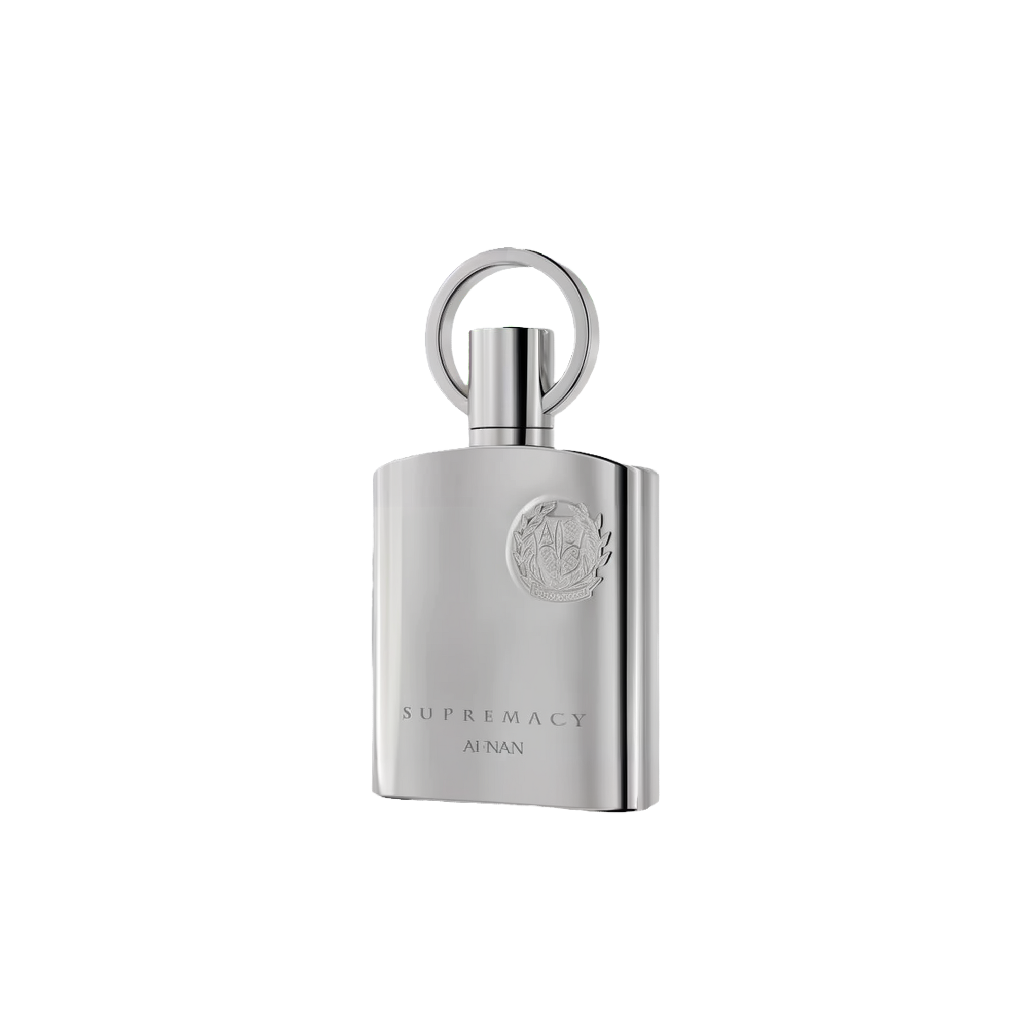 Supremacy Silver by Afnan the bottle featuring a sleek, reflective metallic finish & a round handle-style cap.