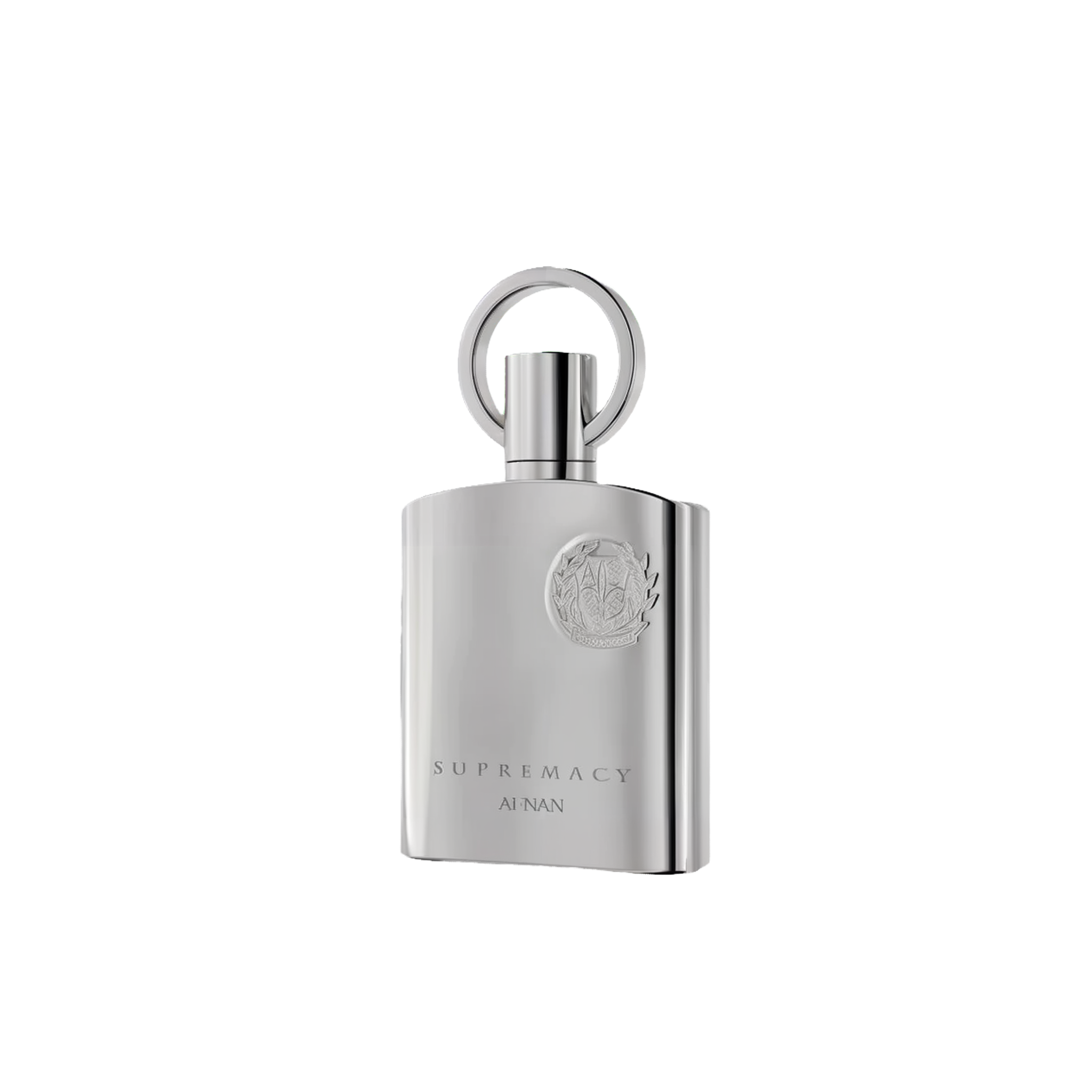Supremacy Silver by Afnan the bottle featuring a sleek, reflective metallic finish & a round handle-style cap.