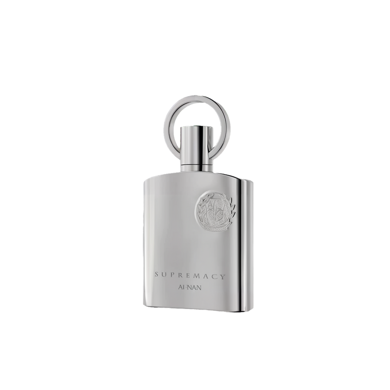 Supremacy Silver by Afnan the bottle featuring a sleek, reflective metallic finish & a round handle-style cap.