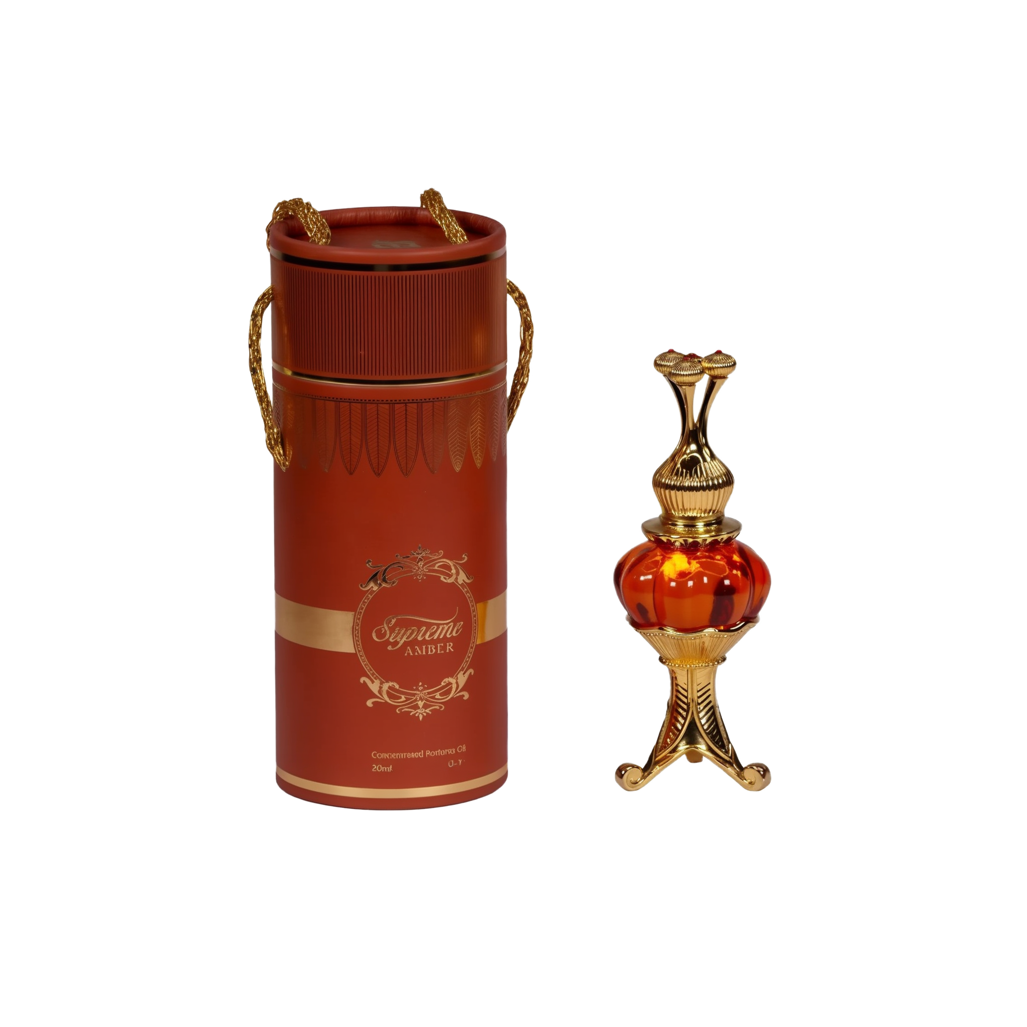 The image features an ornate perfume oil set, consisting of a cylindrical red container with gold trim and decorative elements, and a luxurious golden and red glass perfume oil bottle with an intricate metallic design. The container has a lid with two golden, braided rope-like handles and displays the text "Supreme AMBER" in a decorative golden font, with a smaller inscription "Concentrated Perfume Oil 20ml" below. 