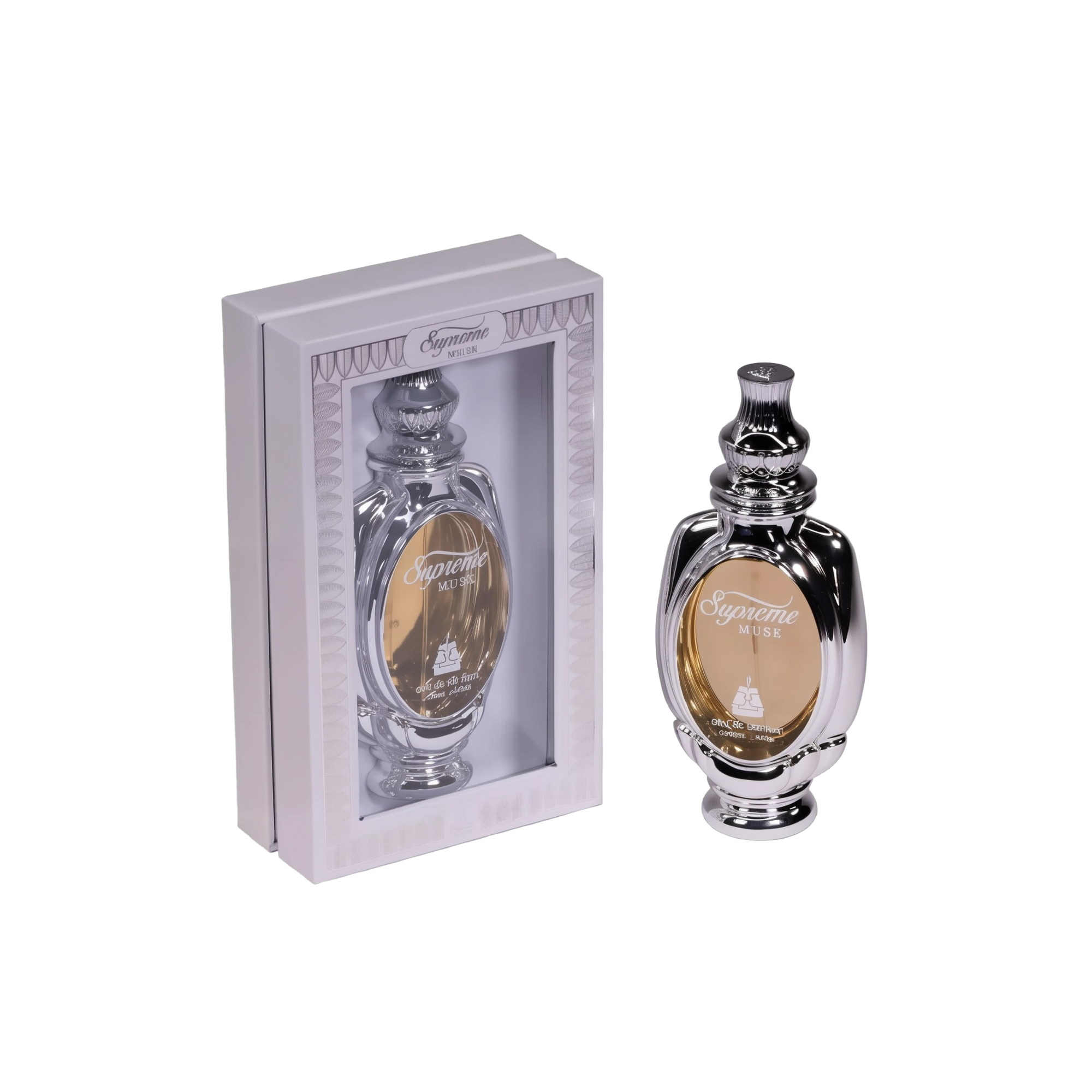 An image of Supreme Musk Eau de Parfum, showing the perfume bottle outside its packaging. The bottle has a traditional and ornate design, with a shiny black exterior and intricate silver accents. The label features the name "Supreme Musk" in elegant script. The packaging is a simple yet classy grey box with a window that allows the bottle to be viewed, bordered with ornamental patterns.