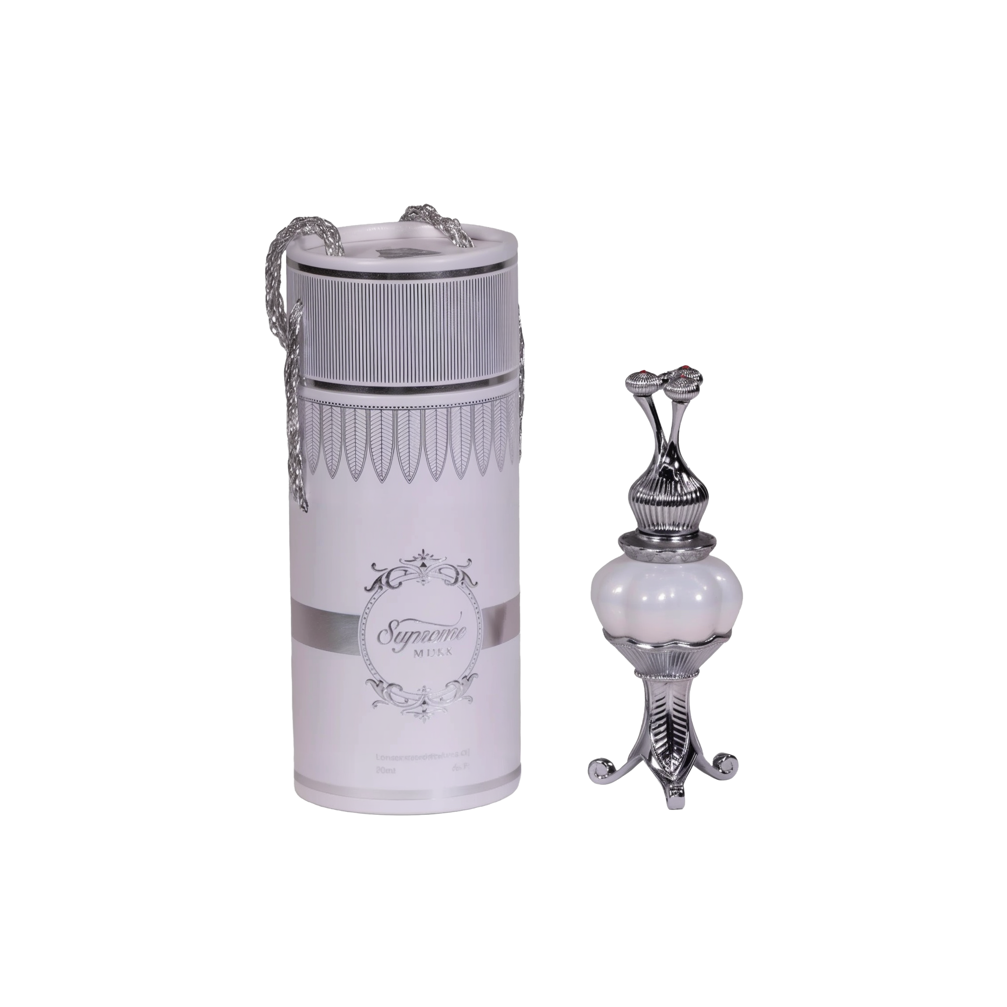 The image features two products on a white background. On the left, there is a cylindrical container with a silver chain, labeled "Supreme MUSK." Below the brand name is text that reads "Concentrated Perfume Oil 20ml." The container has a white label with elegant, decorative borders and a classic ornamental logo at the center. The top has an ornate design with a narrow middle that flares out at both ends, resembling a classic perfume applicator. 