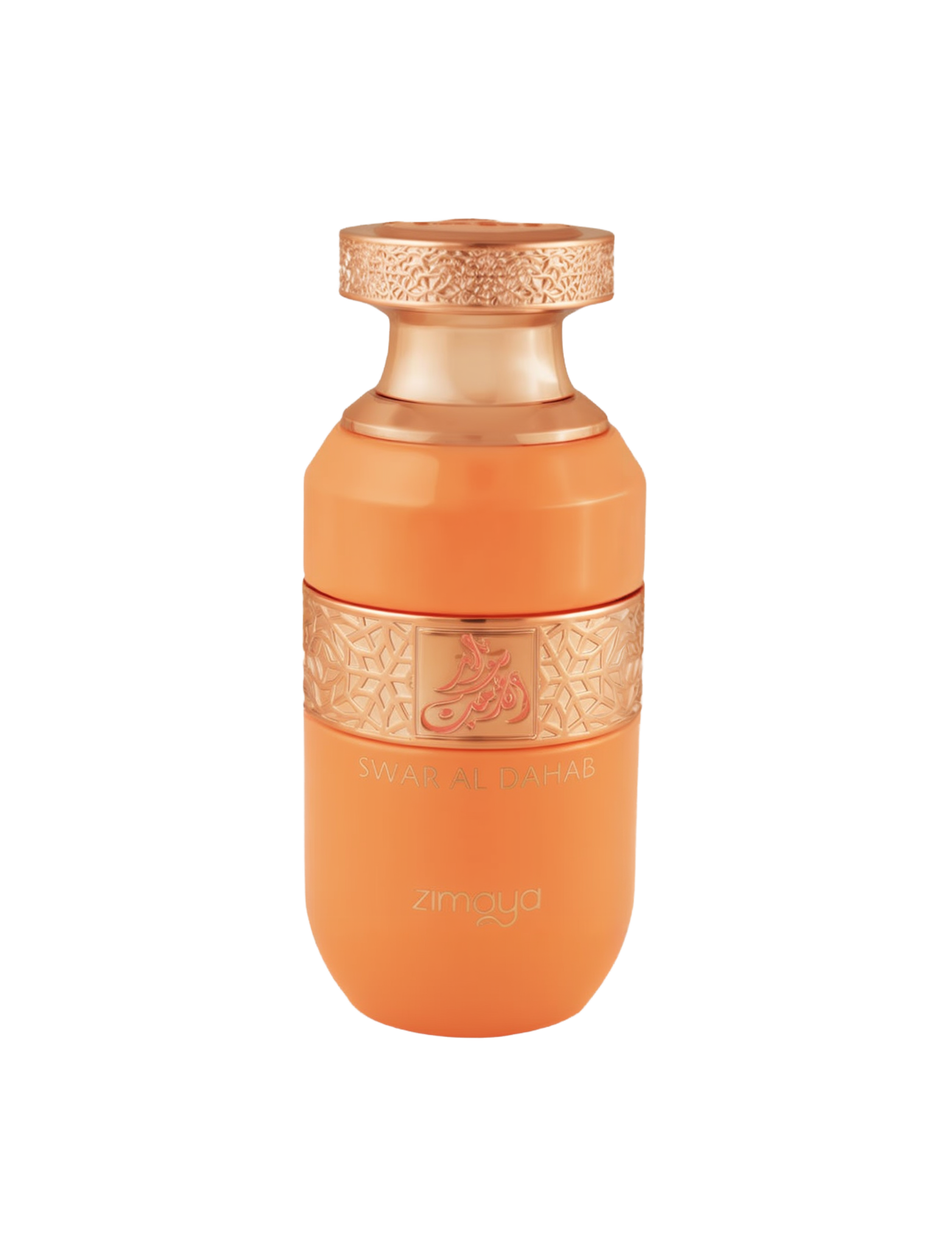 A bottle of Swar Al Dahab Eau De Parfum by Zimaya. The perfume bottle is a vibrant orange color with a gold-toned cap and intricate geometric pattern around the neck. The name "SWAR AL DAHAB" is embossed in gold lettering on the front, along with the brand name "Zimaya" near the base. The design includes a square Arabic calligraphy emblem on the decorative band, giving the bottle a luxurious and elegant appearance.