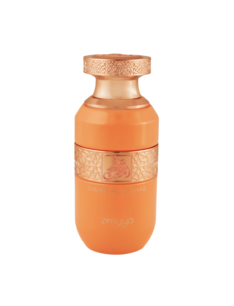 A bottle of Swar Al Dahab Eau De Parfum by Zimaya. The perfume bottle is a vibrant orange color with a gold-toned cap and intricate geometric pattern around the neck. The name "SWAR AL DAHAB" is embossed in gold lettering on the front, along with the brand name "Zimaya" near the base. The design includes a square Arabic calligraphy emblem on the decorative band, giving the bottle a luxurious and elegant appearance.