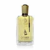 The image displays an elegant, clear glass perfume bottle with vertical ridges that create a textured effect. The liquid inside is a golden-yellow hue, evoking a sense of luxury and warmth. At the front of the bottle, the branding "TABGH INTENSE" is written in a sophisticated font, with the emblem "DKHAN FRAGRANCES" placed just below. A unique gold-colored cap tops the bottle, and there is a black vertical label on the right side with additional branding or fragrance information.