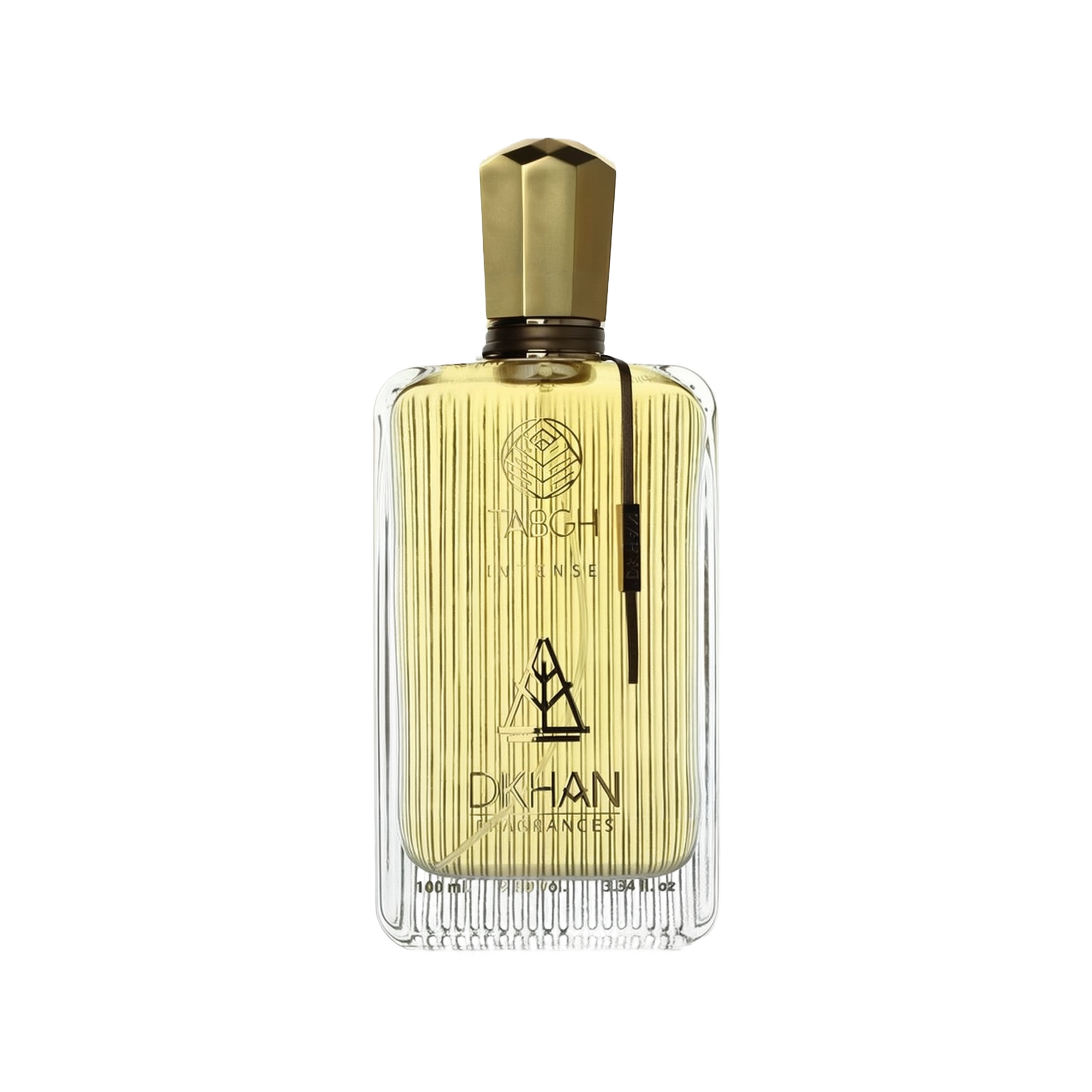 The image displays an elegant, clear glass perfume bottle with vertical ridges that create a textured effect. The liquid inside is a golden-yellow hue, evoking a sense of luxury and warmth. At the front of the bottle, the branding "TABGH INTENSE" is written in a sophisticated font, with the emblem "DKHAN FRAGRANCES" placed just below. A unique gold-colored cap tops the bottle, and there is a black vertical label on the right side with additional branding or fragrance information.