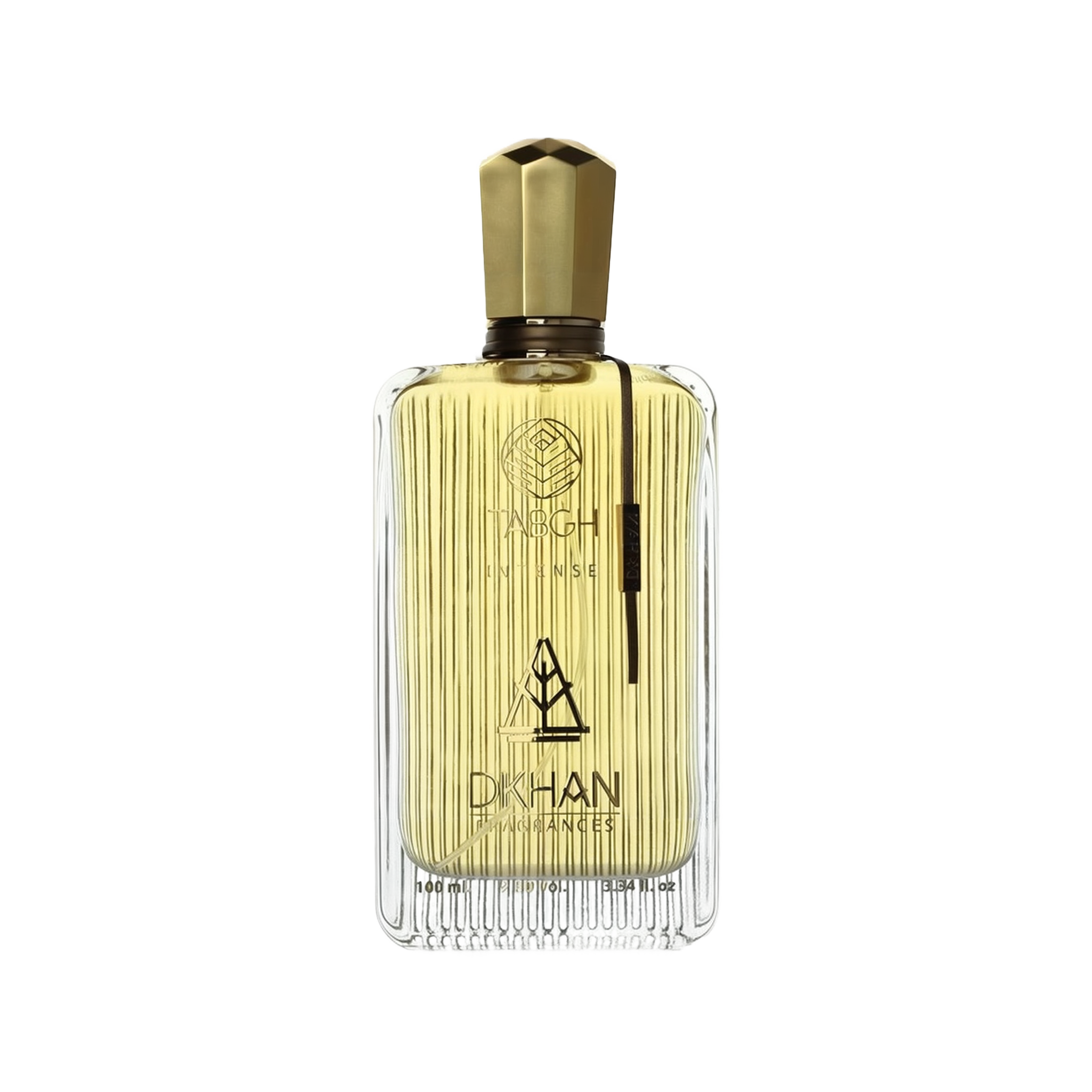 The image displays an elegant, clear glass perfume bottle with vertical ridges that create a textured effect. The liquid inside is a golden-yellow hue, evoking a sense of luxury and warmth. At the front of the bottle, the branding "TABGH INTENSE" is written in a sophisticated font, with the emblem "DKHAN FRAGRANCES" placed just below. A unique gold-colored cap tops the bottle, and there is a black vertical label on the right side with additional branding or fragrance information.