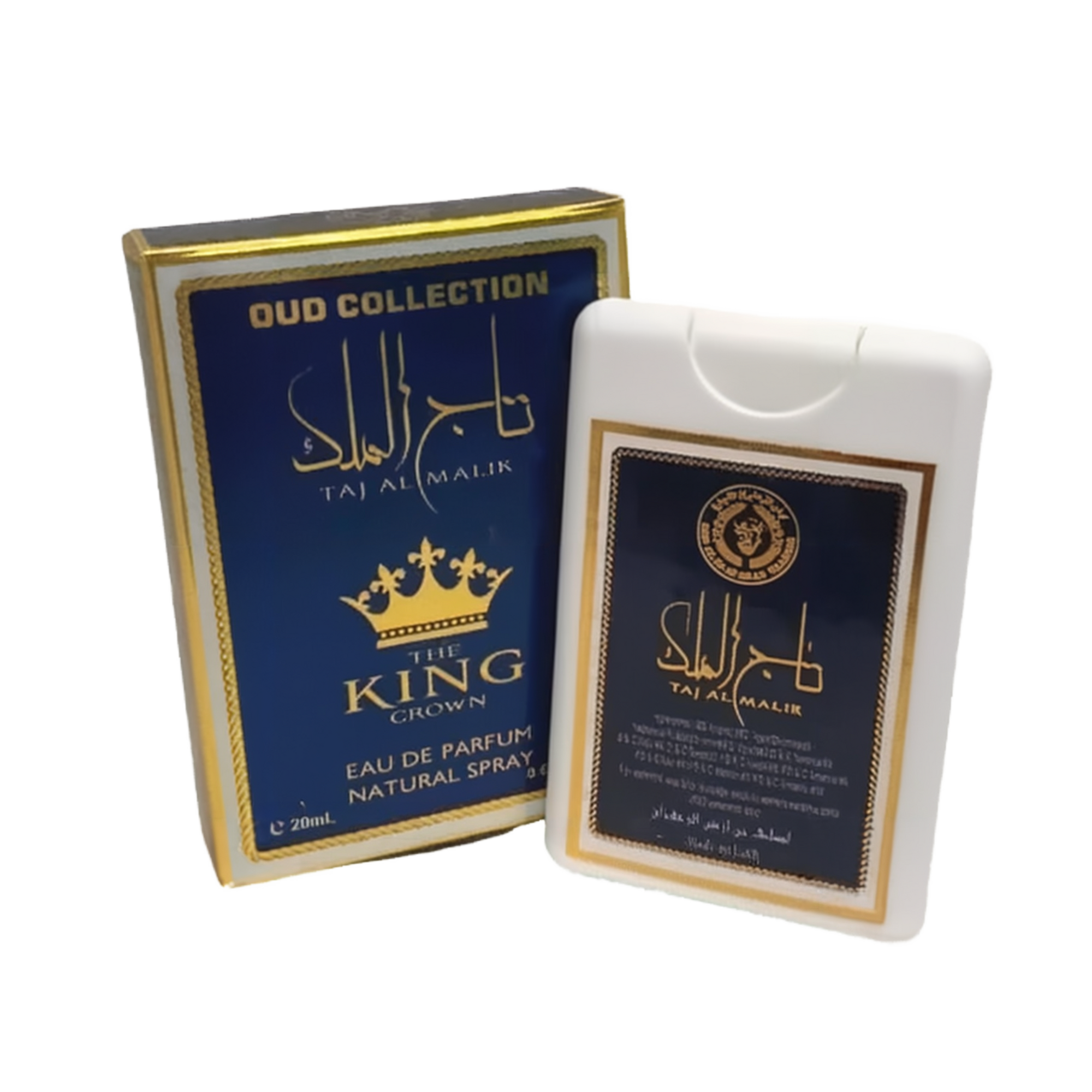 The image features two items from the "OUD COLLECTION." On the left is a dark blue box with gold lettering and detailing; it displays the name "TAJ AL MALIK" in both Arabic calligraphy and English, along with "THE KING CROWN" beneath it. The text "EAU DE PARFUM NATURAL SPRAY 20ml." is also visible. On the right is a white plastic case with a label that mirrors the box's design, holding the perfume inside.