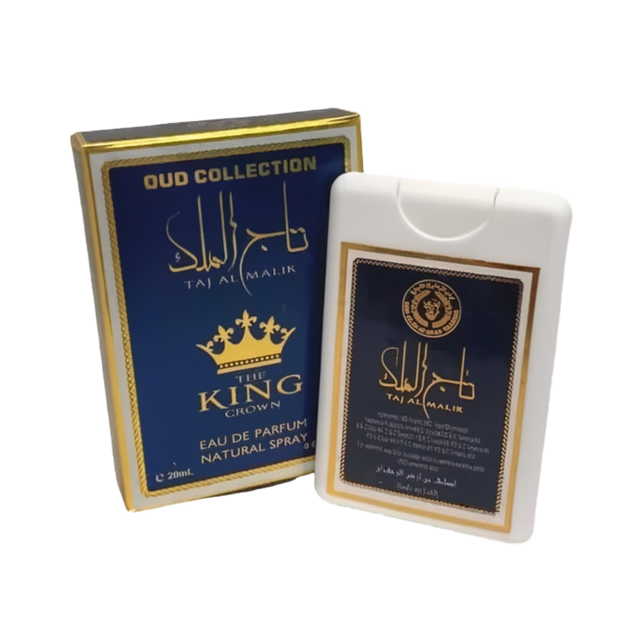 The image features two items from the "OUD COLLECTION." On the left is a dark blue box with gold lettering and detailing; it displays the name "TAJ AL MALIK" in both Arabic calligraphy and English, along with "THE KING CROWN" beneath it. The text "EAU DE PARFUM NATURAL SPRAY 20ml." is also visible. On the right is a white plastic case with a label that mirrors the box's design, holding the perfume inside.