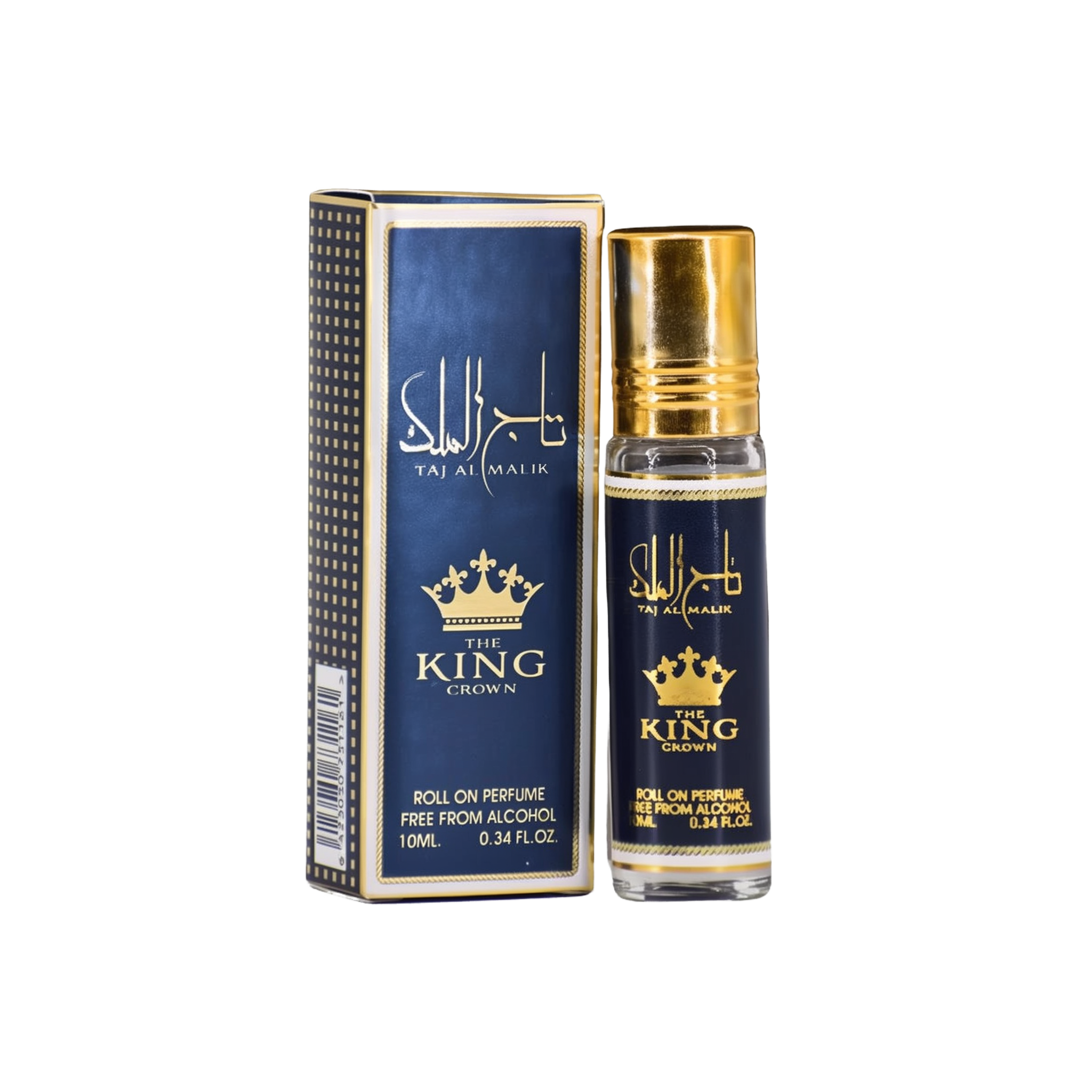 Taj Al Malik The King Crown roll-on perfume bottle and box, a deep blue and gold color scheme with crown graphics.