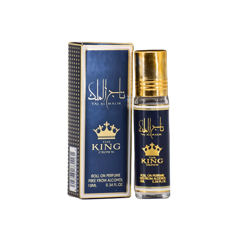 Taj Al Malik The King Crown roll-on perfume bottle and box, a deep blue and gold color scheme with crown graphics.