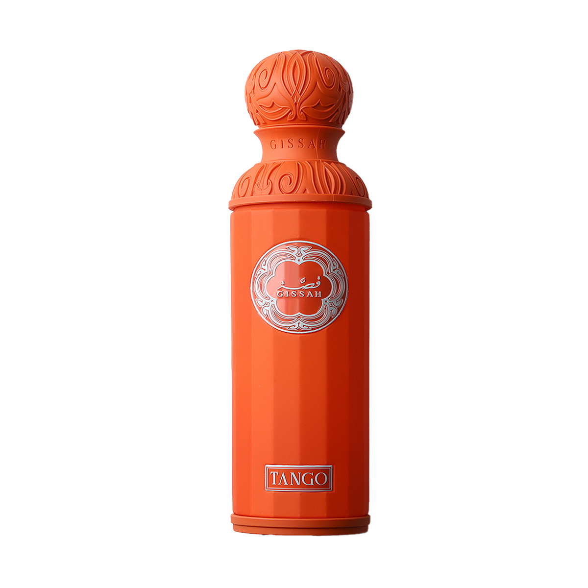 Tall orange perfume bottle with ornate round cap and Gissah Tango silver emblem on front.