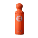 Tall orange perfume bottle with ornate round cap and Gissah Tango silver emblem on front.