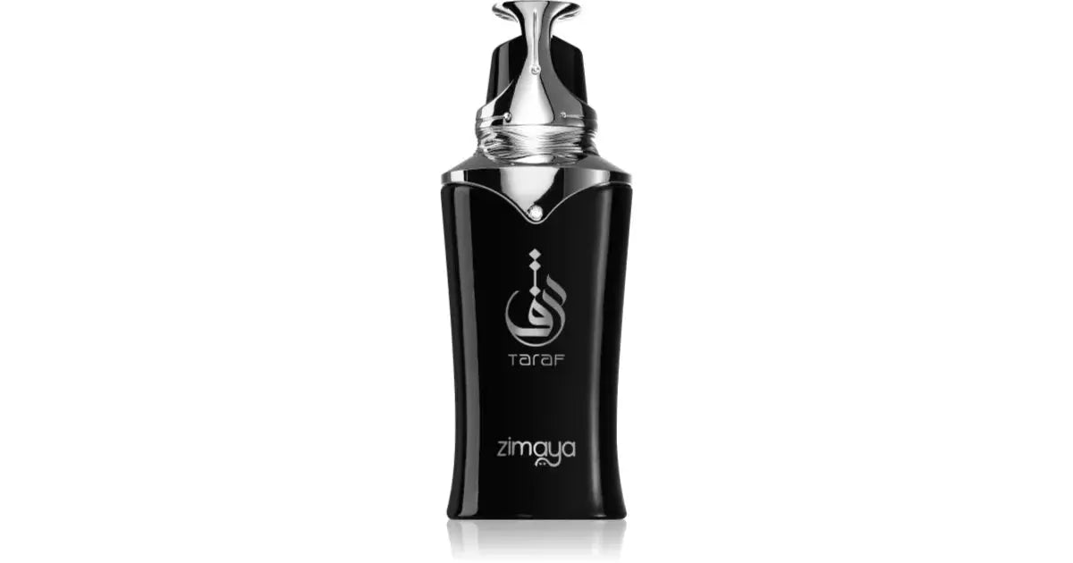  The image is of a Taraf Black fragrance bottle by Zimaya. It features a sleek, glossy black bottle with a silver logo and text. The bottle has an elegant and modern design with a tapered neck and a distinctive, ornate silver cap that resembles a droplet. The cap also has a wrapped silver accent, adding to its luxurious appearance. The logo of Taraf is prominently displayed in the center of the bottle in silver, with the word "zimaya" in smaller text below.