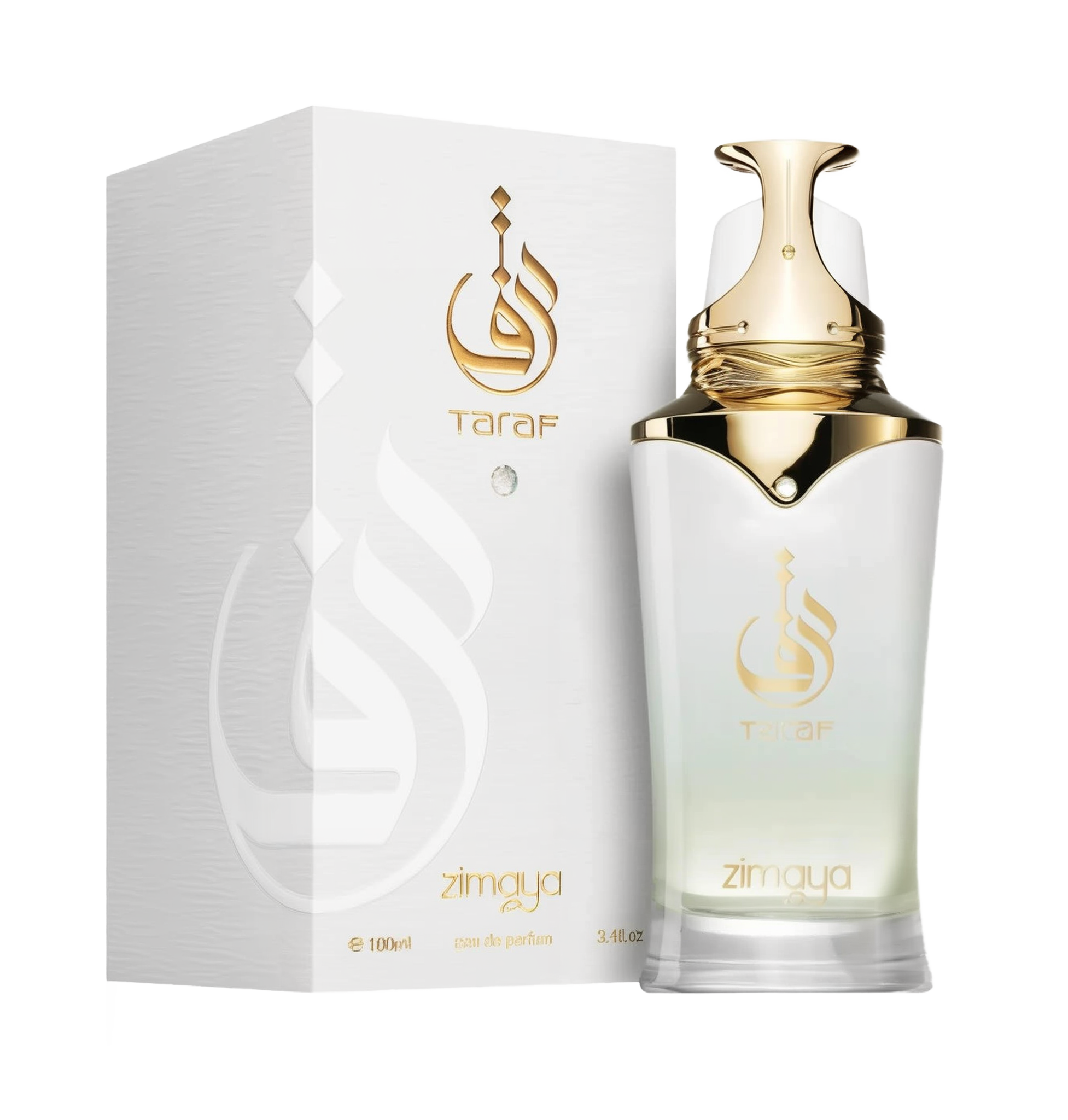 The image displays a bottle of Taraf eau de parfum zimaya alongside its packaging. The perfume bottle has a white to gold gradient design with a golden cap and is adorned with a logo that appears to be in Arabic script, and the brand name "Taraf" in gold lettering below it. The same logo and brand name are featured on the white textured packaging, with an embossed logo design adding a tactile element.