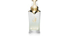 The image is of a Taraf White fragrance bottle by Zimaya. It features a sleek, glossy white bottle with a gold logo and text. The bottle has an elegant and modern design with a tapered neck and a distinctive, ornate gold cap that resembles a droplet. The cap also has a wrapped gold accent, adding to its luxurious appearance. The logo of Taraf is prominently displayed in the center of the bottle in gold with the word "zimaya" in smaller text below.