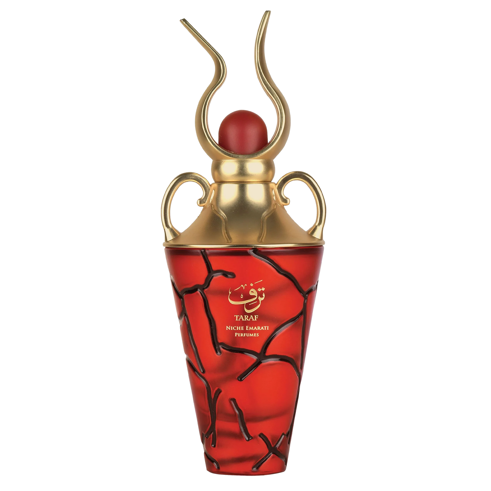 Taraf Eau De Parfum by Lattafa in a luxurious red and gold bottle with a cracked design and golden cap.