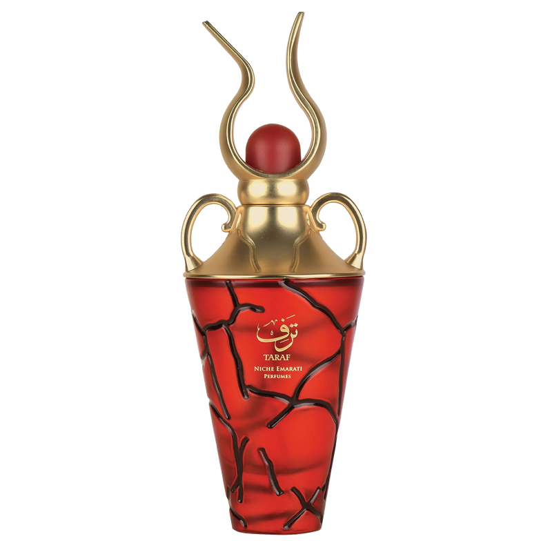 Taraf Eau De Parfum by Lattafa in a luxurious red and gold bottle with a cracked design and golden cap.