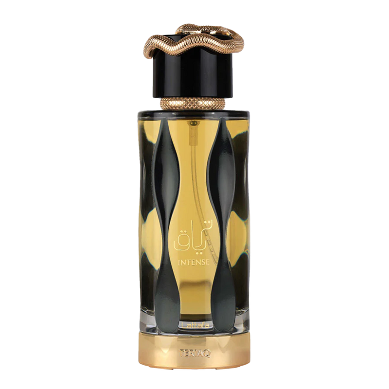 A tall cylindrical perfume bottle with black wavy patterns, golden liquid and a gold coiled snake cap.