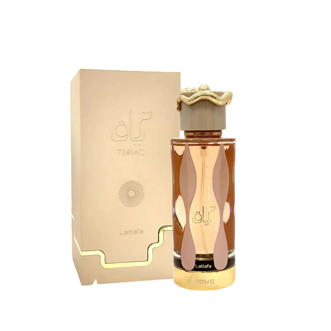 This image features a perfume bottle next to its packaging. The bottle, previously described, is accompanied by a rectangular box with a golden-beige gradient. The brand name "Lattafa" and the perfume name "TERIAQ" are embossed on the box in a stylized fo