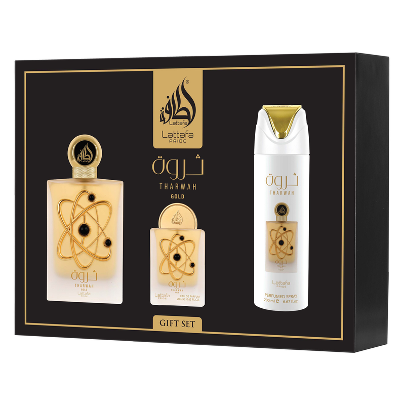 Lattafa Pride Tharwah Gold gift set featuring three gold-accented fragrance items with an atom motif displayed in a black box.