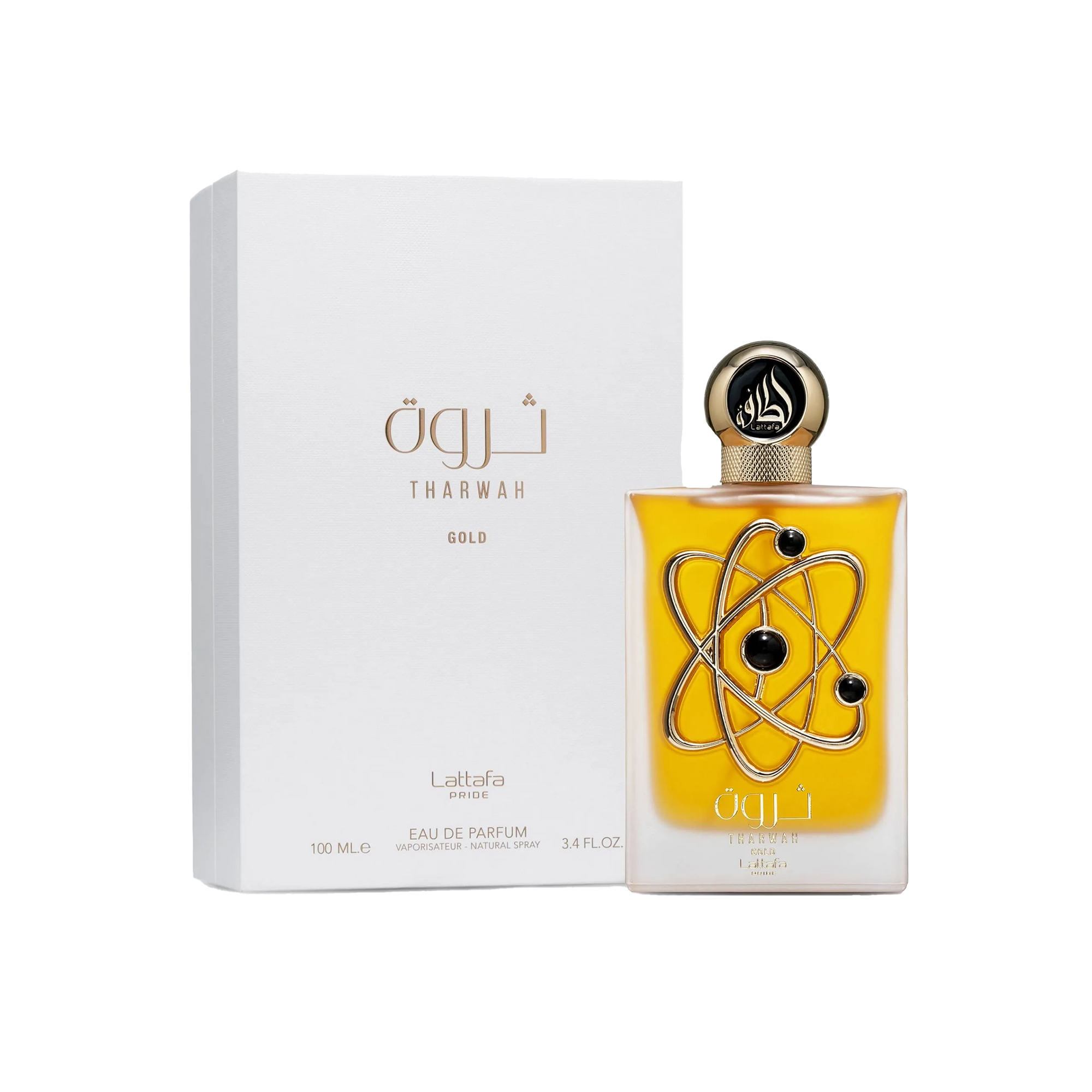 Tharwah Gold by Lattafa, featuring a luxurious fragrance bottle with metallic  design and matching white and gold gift box.