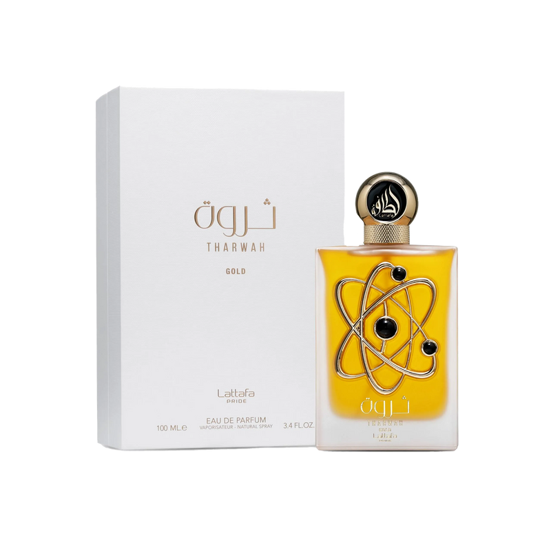 Tharwah Gold by Lattafa, featuring a luxurious fragrance bottle with metallic  design and matching white and gold gift box.