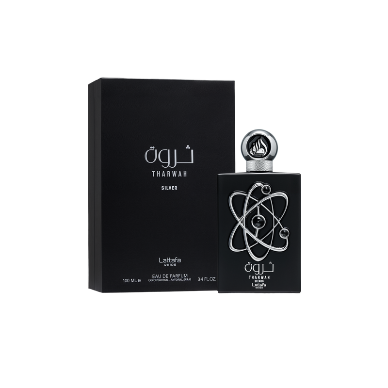 A sleek black rectangular box labeled ‘Tharwah Silver’ by Lattafa, displayed next to a matching black rectangular perfume bottle adorned with interlocking silver rings on the front and topped by a round, decorative silver cap.