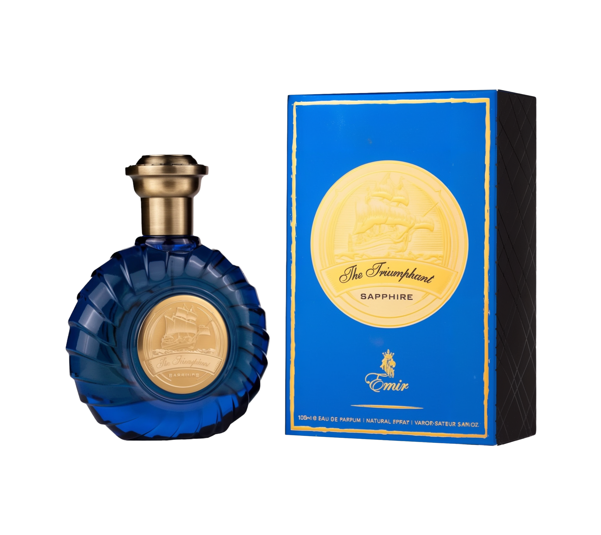 A round, deep-blue perfume bottle with a ridged design and a gold-toned cap, featuring a circular gold emblem depicting a ship on the front. It is displayed alongside a coordinating royal-blue rectangular box with gold trim and the same ship emblem, labeled “The Triumphant Sapphire” by Emir (100 ml Eau De Parfum).