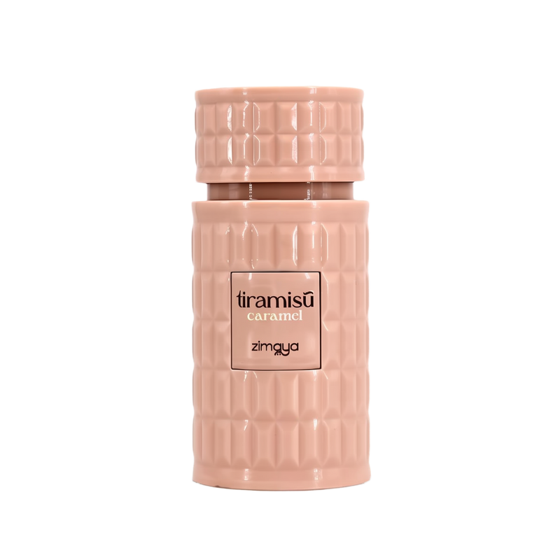 A bottle of Tiramisu Caramel by Zimaya. The bottle features a textured, geometric design in a soft caramel beige color with a glossy finish. The label on the front reads "tiramisu caramel" in stylish lowercase text, with the brand name "zimaya" printed below. The cylindrical shape and elegant packaging reflect the dessert-inspired, gourmand nature of the fragrance