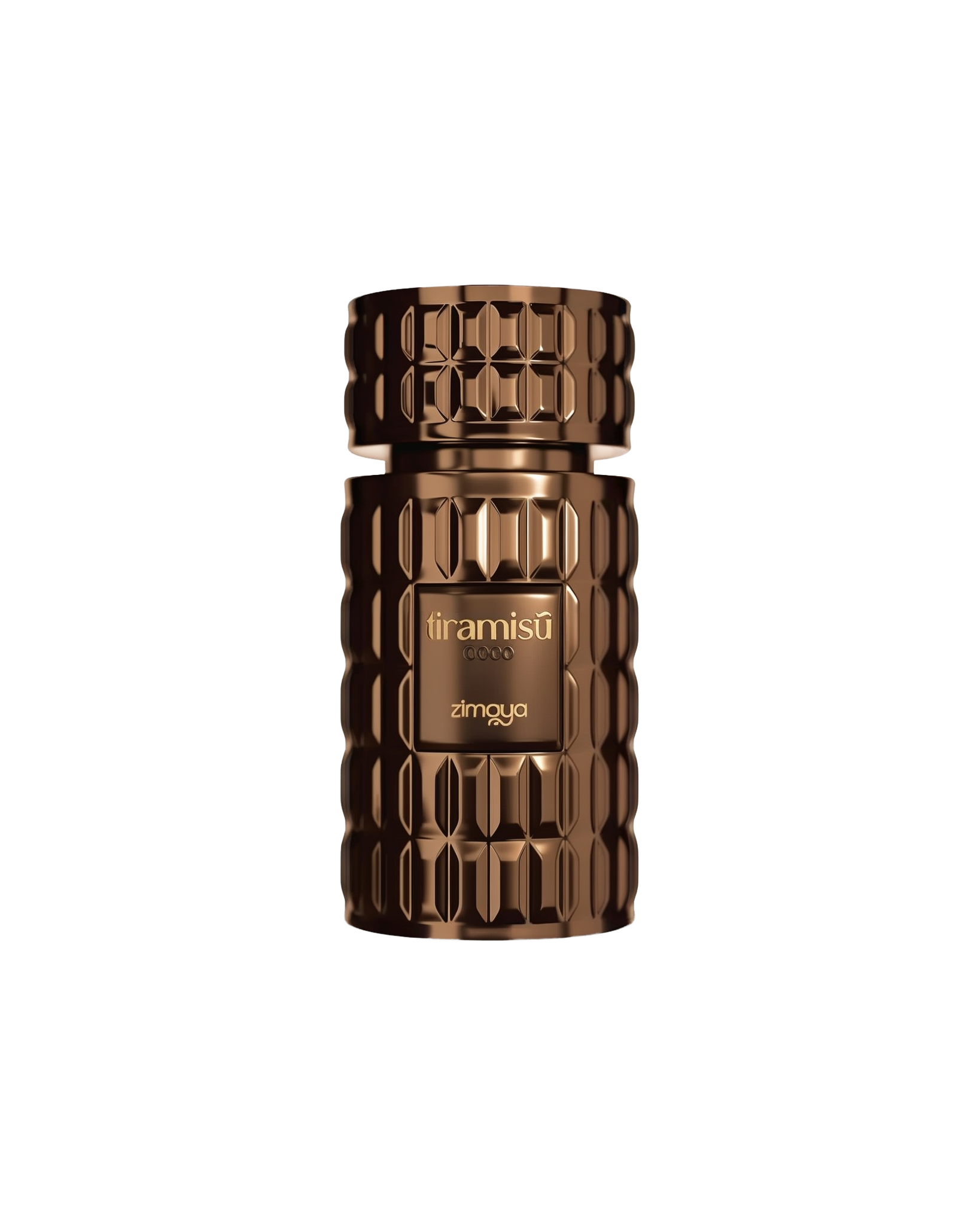 A cylindrical, bronze-colored perfume bottle with a faceted geometric texture, featuring the 'tiramisu coco' and 'zimaya' labels on the front.