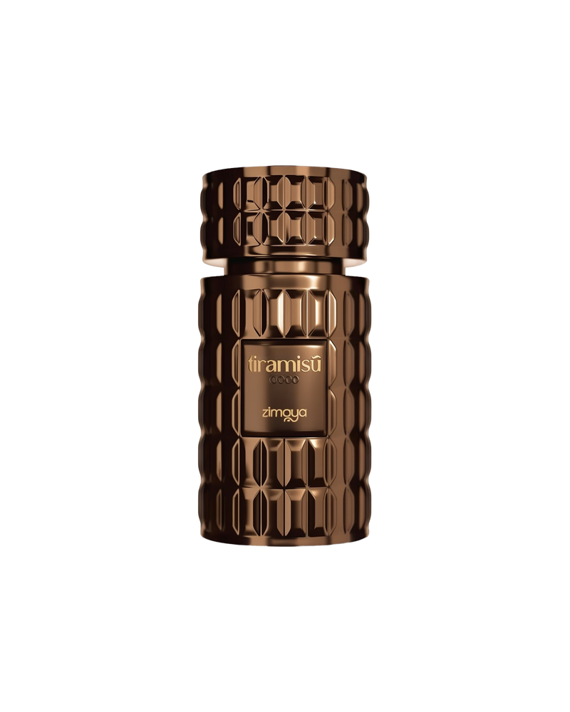 A cylindrical, bronze-colored perfume bottle with a faceted geometric texture, featuring the 'tiramisu coco' and 'zimaya' labels on the front.