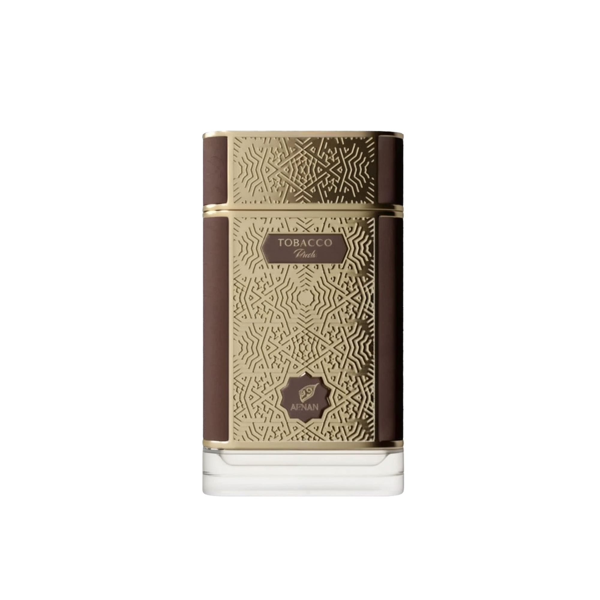 The image shows a sophisticated and elegant bottle of "Tobacco Oud" perfume by Afnan. The perfume bottle has a rectangular shape with a broad base and a short neck. It features a rich, dark brown color with golden geometric patterns that add a touch of intricate detail and luxury. The central part of the bottle has a gold label with the word "TOBACCO" prominently displayed in capital letters, followed by "Oud" in smaller font. 