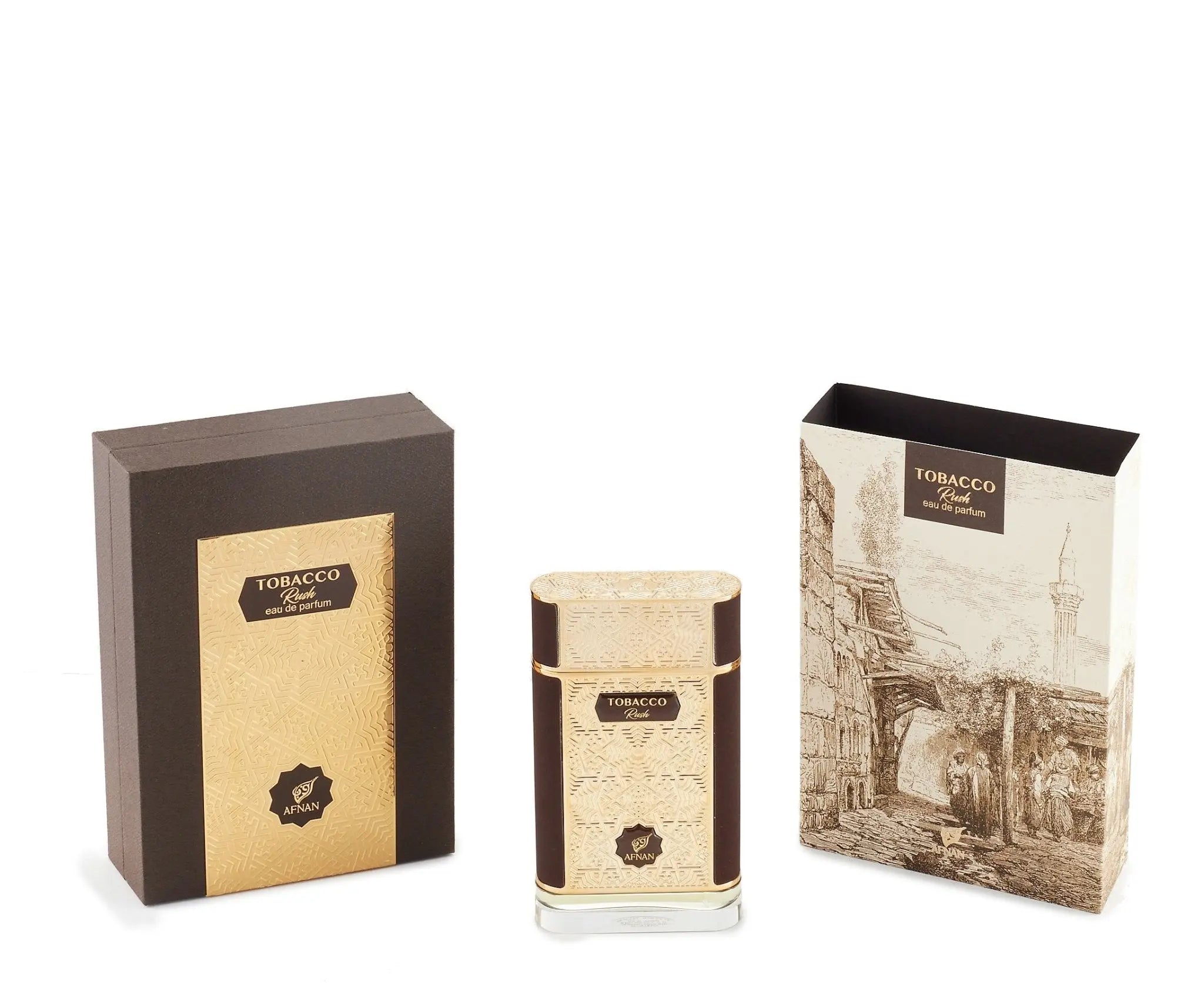 The image features the "Tobacco Rush" perfume by Afnan Perfumes. There is a box and a perfume bottle. On the left, a dark brown box with a textured golden panel reads "TOBACCO" and "Afnan" with the product description "eau de parfum." The central bottle mirrors the design of the left box. To the right, there's a taller, cream-colored box sleeve adorned with a detailed, vintage-style illustration of an old cityscape.