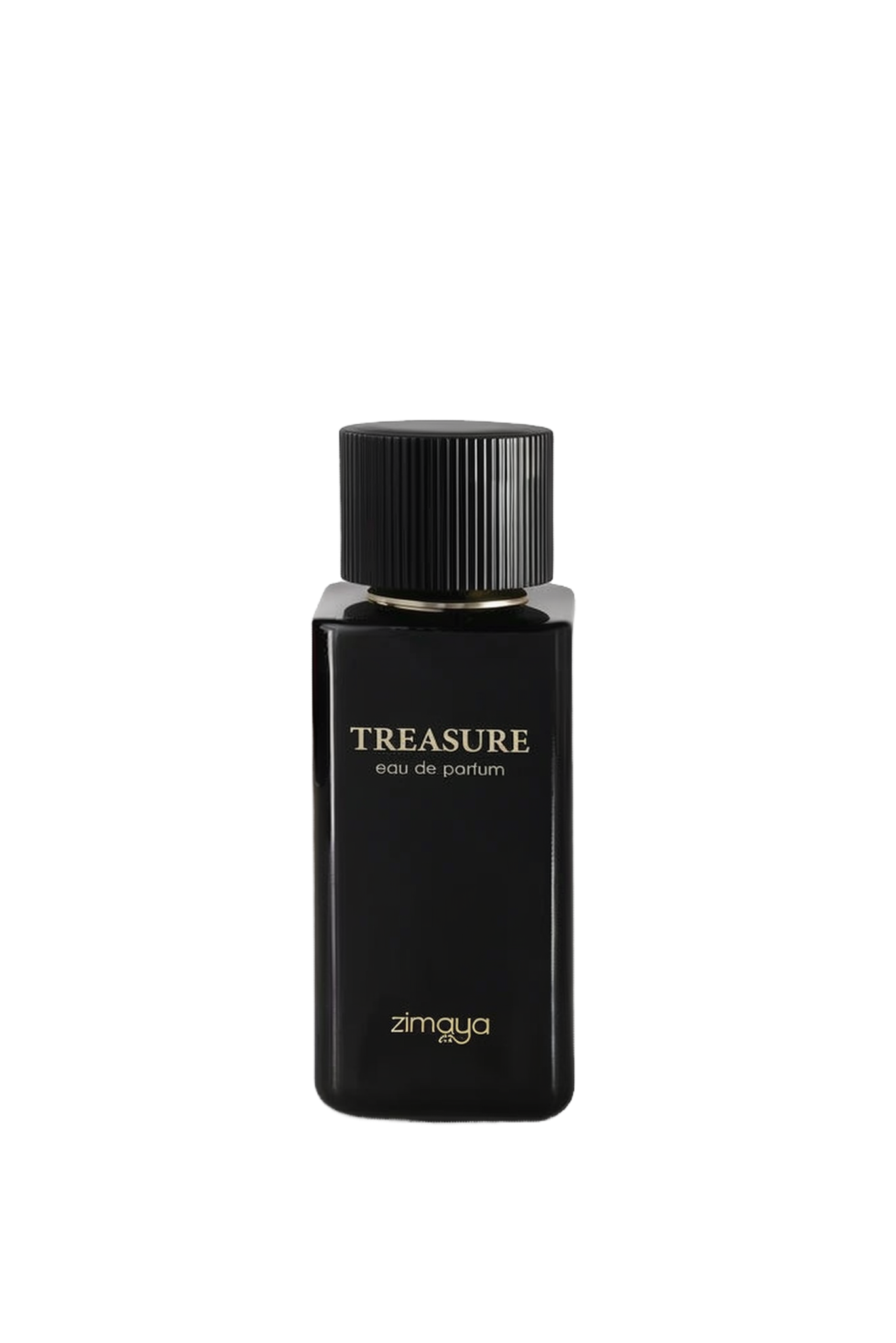 An image of "Treasure" Eau de Parfum by Zimaya. The perfume bottle is sleek and rectangular, featuring a matte black finish with the name "TREASURE" in elegant white lettering on the front. Above, the bottle's cap is ribbed and black, sitting atop a thin gold band that adds a touch of luxury to the design. The branding "zimaya" is also printed in white at the bottom of the bottle.