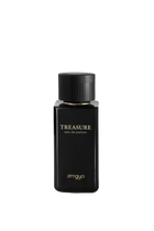 An image of "Treasure" Eau de Parfum by Zimaya. The perfume bottle is sleek and rectangular, featuring a matte black finish with the name "TREASURE" in elegant white lettering on the front. Above, the bottle's cap is ribbed and black, sitting atop a thin gold band that adds a touch of luxury to the design. The branding "zimaya" is also printed in white at the bottom of the bottle.
