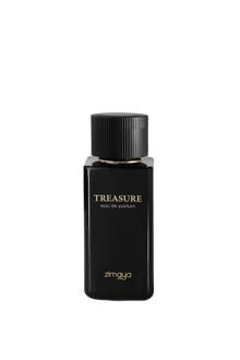 An image of "Treasure" Eau de Parfum by Zimaya. The perfume bottle is sleek and rectangular, featuring a matte black finish with the name "TREASURE" in elegant white lettering on the front. Above, the bottle's cap is ribbed and black, sitting atop a thin gold band that adds a touch of luxury to the design. The branding "zimaya" is also printed in white at the bottom of the bottle.