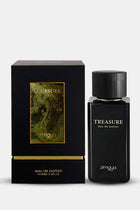 An image of "Treasure" Eau de Parfum by Zimaya, showcased next to its packaging. The bottle maintains a sleek, matte black finish with "TREASURE" and "zimaya" printed in white on its surface. Accompanying it is a matching black box that features a textured image in golden hues with the brand name and the perfume title. The box also states the fragrance's volume, establishing the product as both elegant and distinguished.