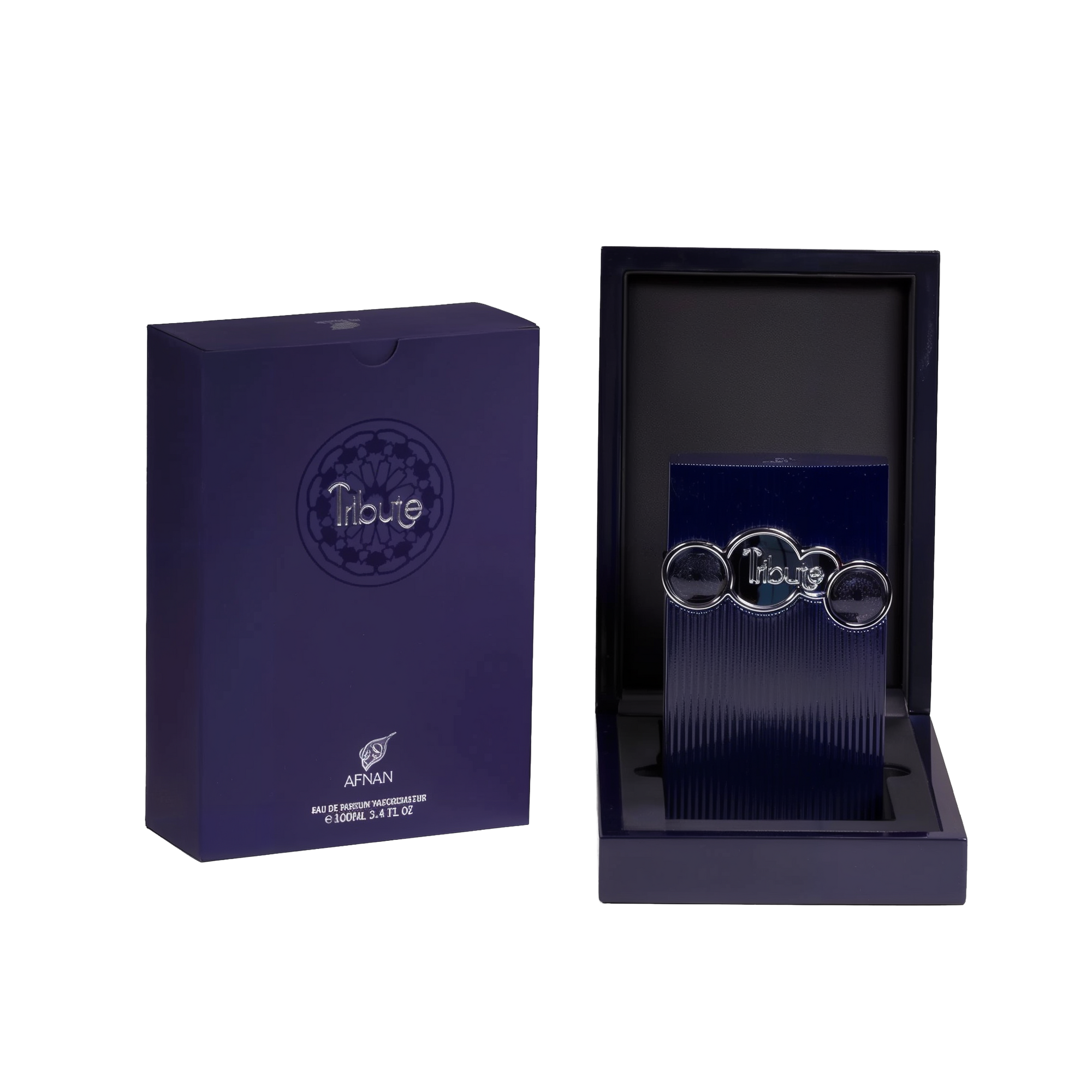 The image shows two items against a white background. On the left is a dark blue box with a matte finish and the brand name "Tribute by AFNAN" prominently displayed on the front. Below the name is additional text indicating that it is an "Eau de Parfum Vaporisateur" and the volume of "100ml, 3.4 FL. OZ." On the right side is an open box revealing a dark, navy blue interior with a textured surface. Inside the box is a vertical, ribbed navy blue panel.