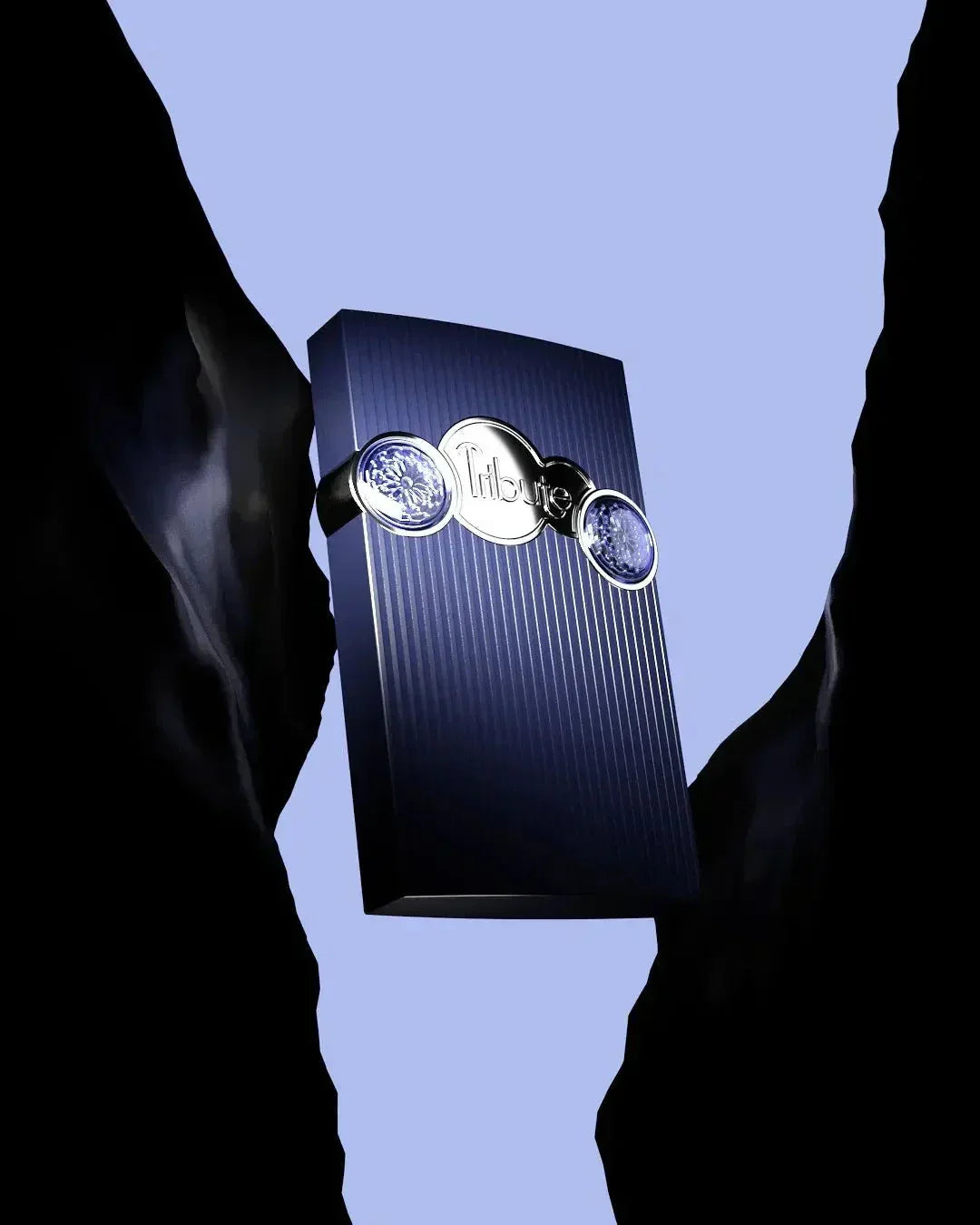 The image depicts a navy blue rectangular box with a ribbed texture, situated between what appears to be two dark, jagged rock formations against a blue sky background. The box is embellished with three circular, silver-colored emblems placed in a horizontal line, with the central emblem featuring the word "Tribute" in an elegant script. The lighting emphasizes the box and the metallic sheen of the emblems, creating a dramatic and luxurious presentation.