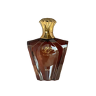The image shows a perfume bottle with a unique geometric design. The bottle is a rich brown color with a reflective surface, giving it a glossy appearance. The cap is golden and shaped like an inverted cup, adding to the luxurious look of the bottle. On the front, there is Arabic calligraphy in gold, along with the word "Turathi" below it, suggesting the name or brand of the perfume. The word "AFNAN" is also visible at the bottom front of the bottle, indicating the manufacturer or designer of the perfume. 