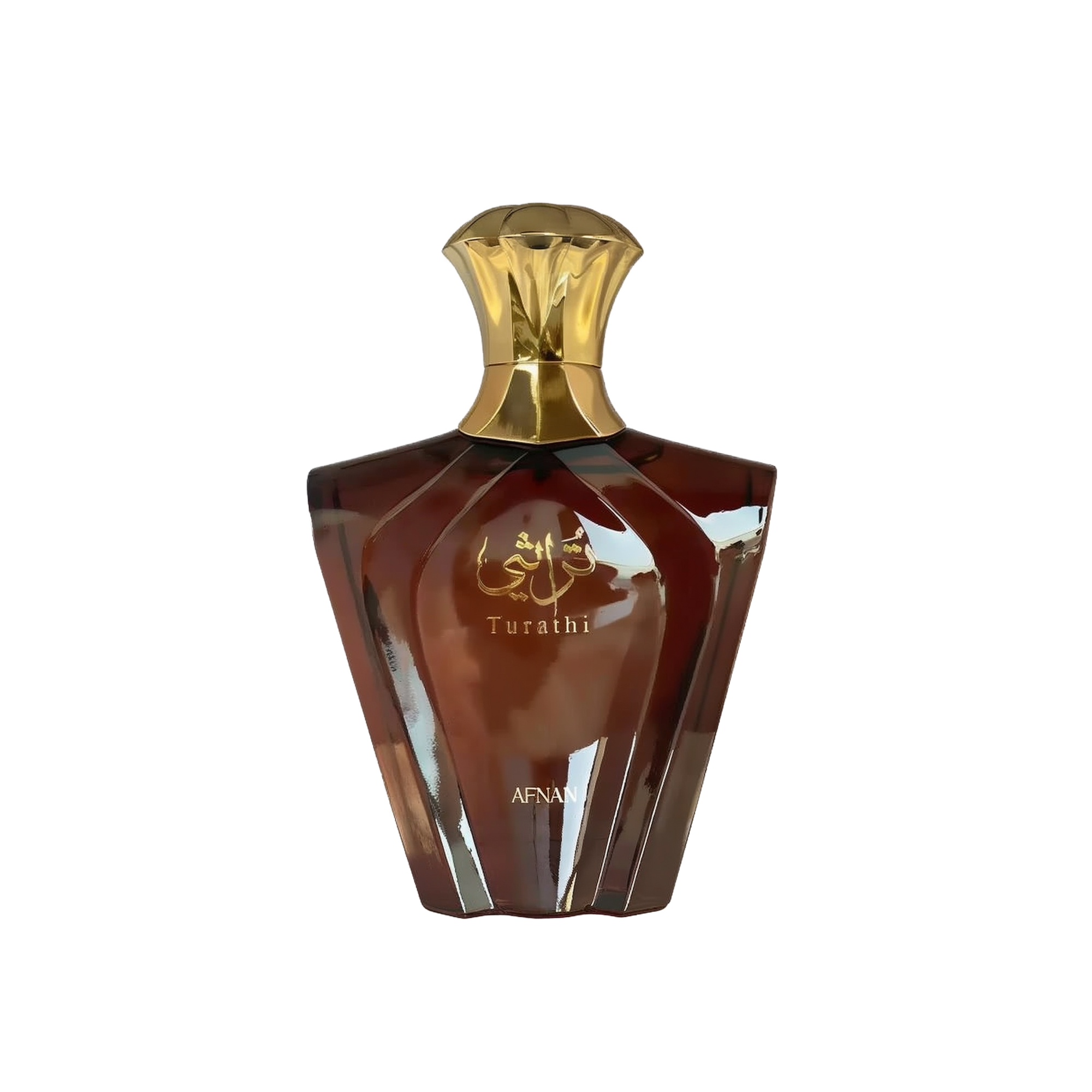 The image shows a perfume bottle with a unique geometric design. The bottle is a rich brown color with a reflective surface, giving it a glossy appearance. The cap is golden and shaped like an inverted cup, adding to the luxurious look of the bottle. On the front, there is Arabic calligraphy in gold, along with the word "Turathi" below it, suggesting the name or brand of the perfume. The word "AFNAN" is also visible at the bottom front of the bottle, indicating the manufacturer or designer of the perfume. 